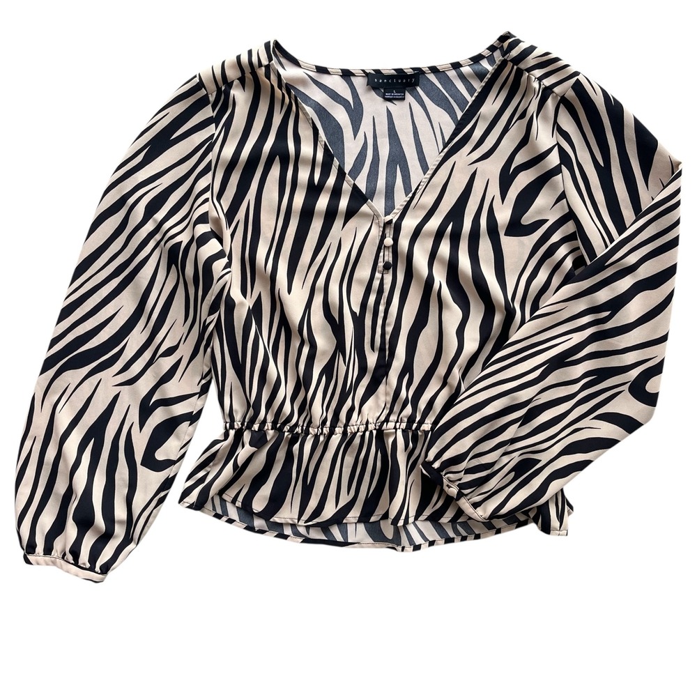 Sanctuary Womens L Black Beige Zebra Print Peplum Hem All Nighter Blouse Mobwife
